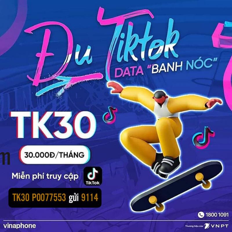 Đăng ký gói TK30 VinaPhone Free Data Tiktok 1 tháng giá 30k