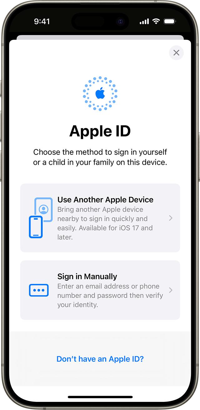 Trong phần cài đặt iPhone, bạn có thể sử dụng một thiết bị Apple khác hoặc đăng nhập bằng ID Apple theo cách thủ công.