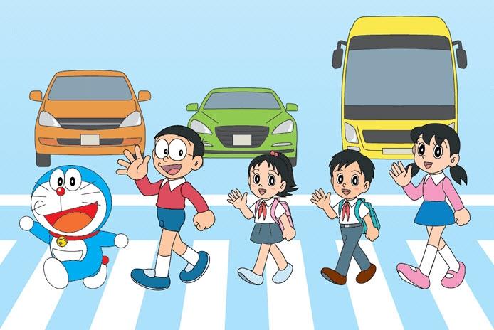 Hình ảnh Doremon cùng những người bạn đang chấp hành luật giao thông.