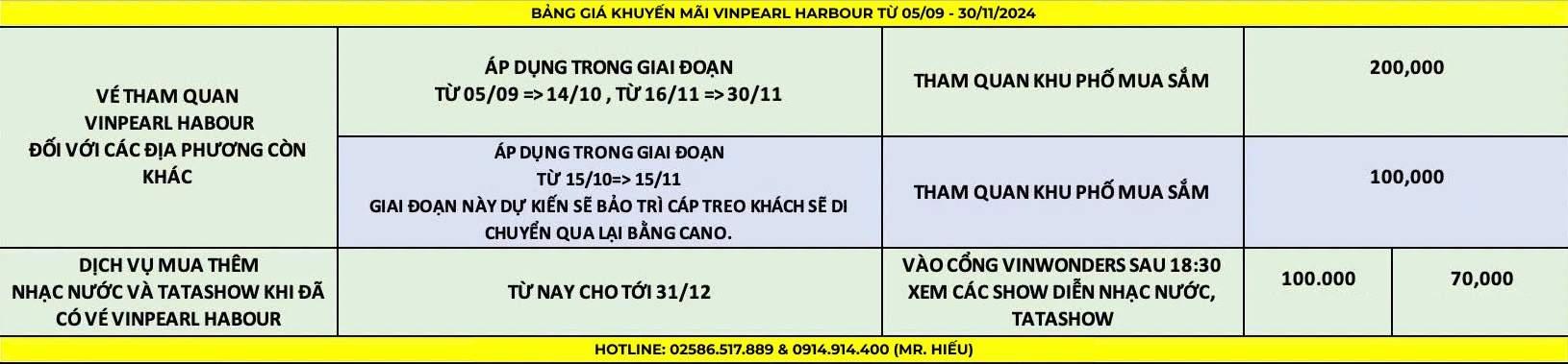 Bảng giá khuyến mãi vé cáp treo Vinpearl Harbour Nha Trang từ 05/09 - 30/12/2024