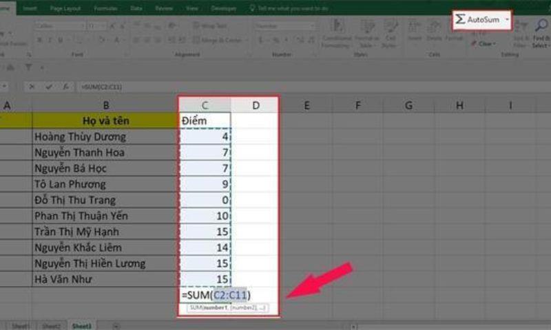 Cách tính tổng hàng dọc trong Excel bằng AutoSum