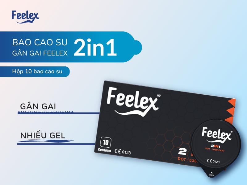 Bao cao su gân gai Feelex 2in1 nhiều Gel - Hộp 10 cái